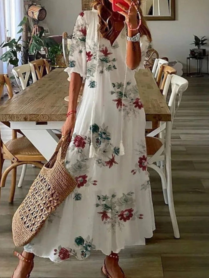 Eleanor | Graceful Printed V-Neck Midi Casual Dress