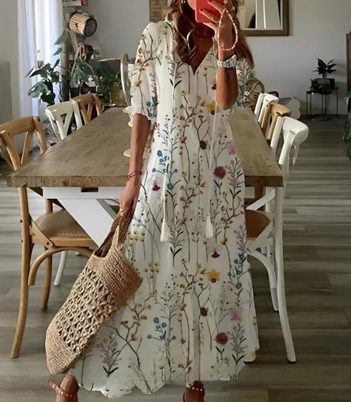 Eleanor | Graceful Printed V-Neck Midi Casual Dress