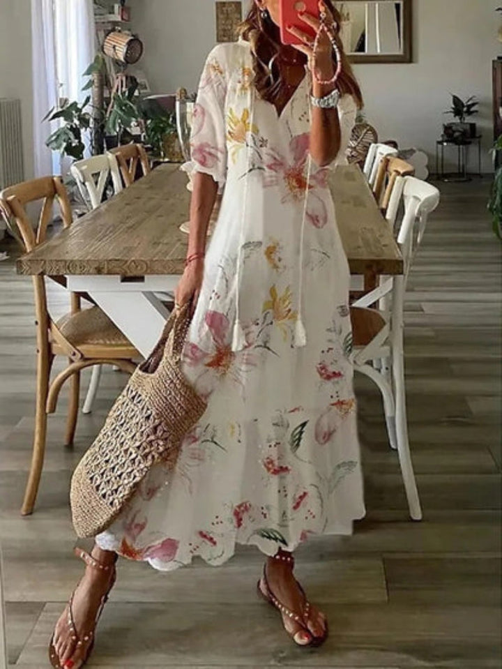 Eleanor | Graceful Printed V-Neck Midi Casual Dress