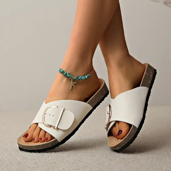 Eleanor | Refined Buckle Strap Cork Footbed Slide Sandals