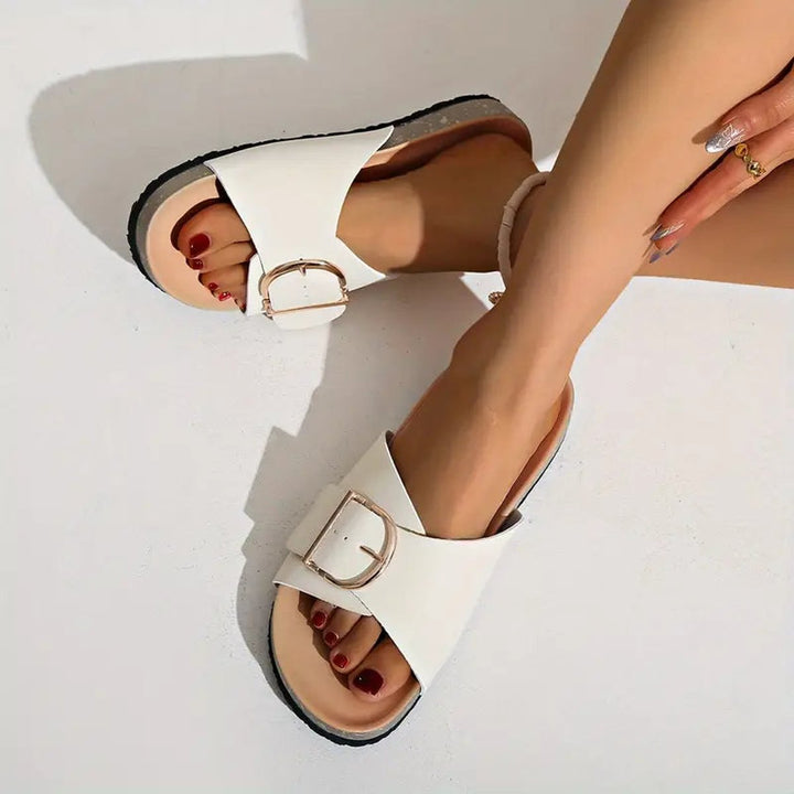 Eleanor | Refined Buckle Strap Cork Footbed Slide Sandals