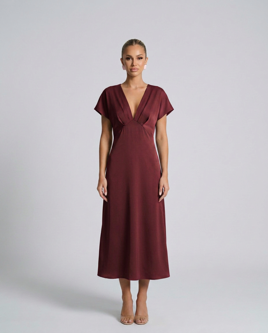Elena | Classic Plunge Neck Midi Cocktail Dress