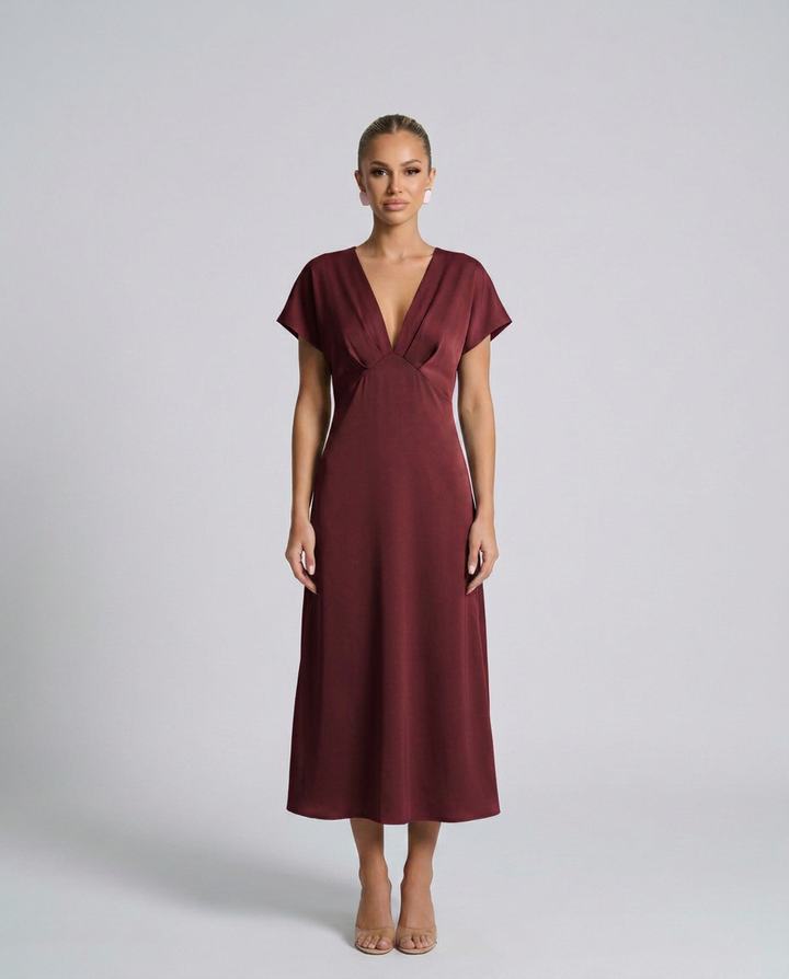 Elena | Classic Plunge Neck Midi Cocktail Dress