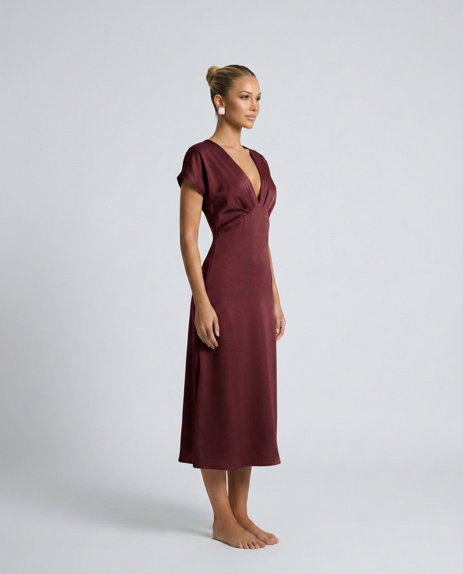 Elena | Classic Plunge Neck Midi Cocktail Dress