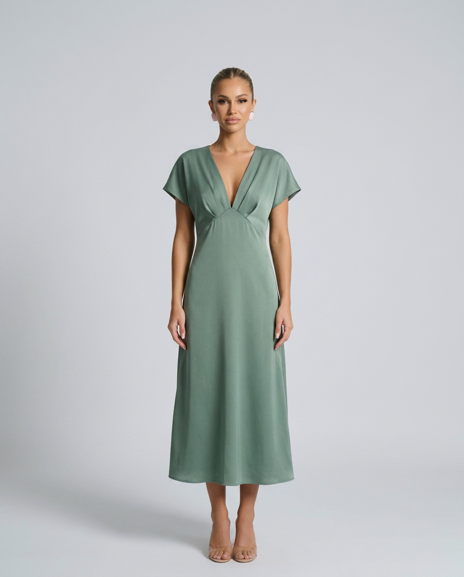 Elena | Classic Plunge Neck Midi Cocktail Dress