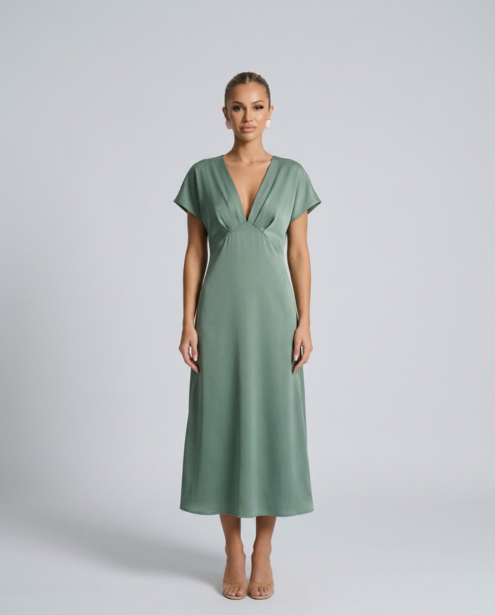 Elena | Classic Plunge Neck Midi Cocktail Dress