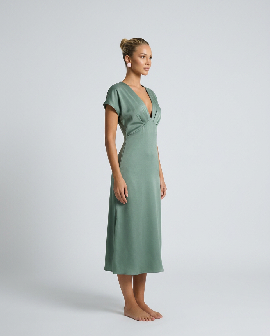 Elena | Classic Plunge Neck Midi Cocktail Dress
