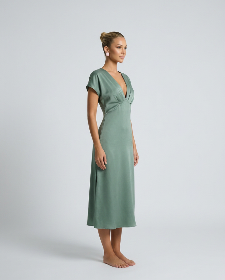 Elena | Classic Plunge Neck Midi Cocktail Dress