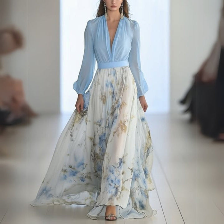 Elena | Effortless Floral Puff-Sleeve V-Neck Maxi Cocktail Dress