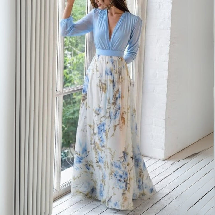 Elena | Effortless Floral Puff-Sleeve V-Neck Maxi Cocktail Dress