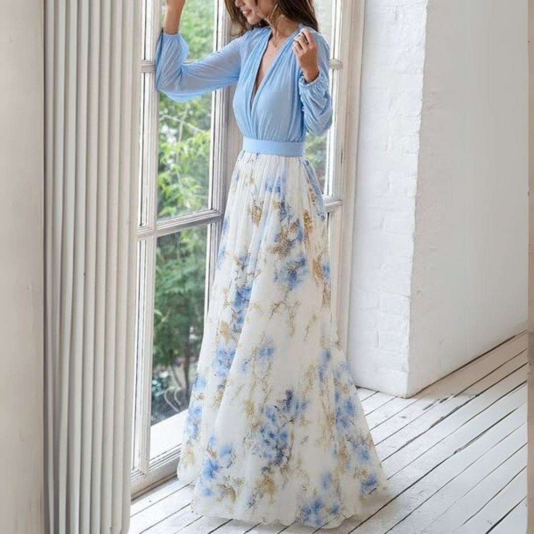 Elena | Effortless Floral Puff-Sleeve V-Neck Maxi Cocktail Dress
