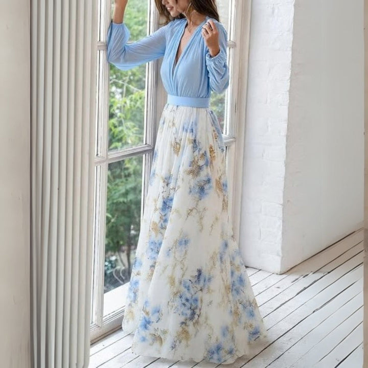 Elena | Effortless Floral Puff-Sleeve V-Neck Maxi Cocktail Dress