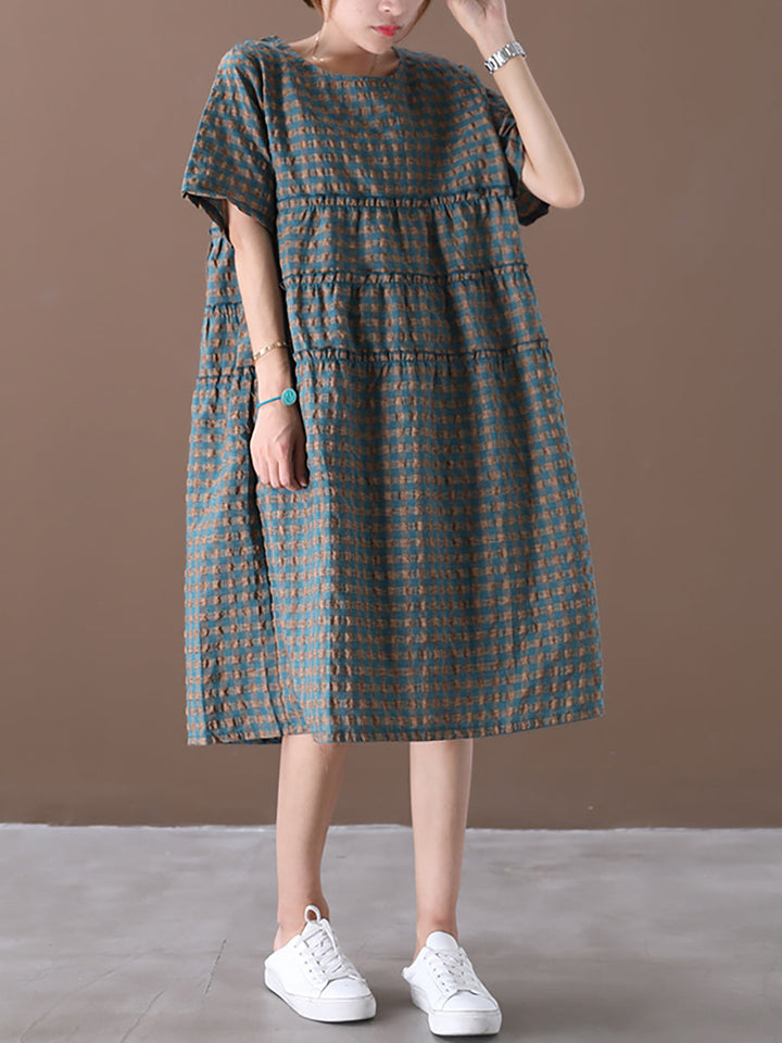 Elena | Plus Size Plaid Tiered Midi Linen Dress