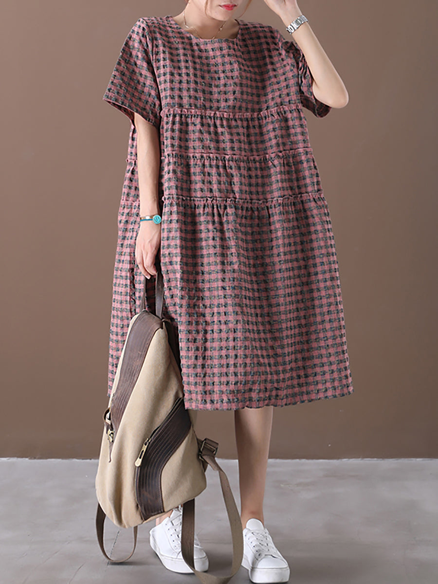 Elena | Plus Size Plaid Tiered Midi Linen Dress