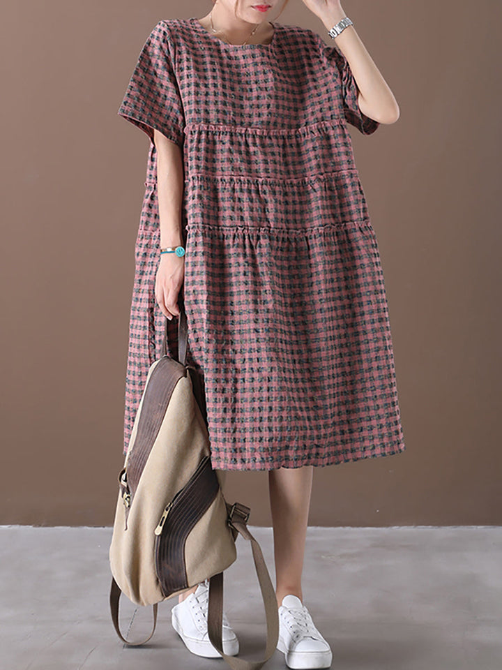 Elena | Plus Size Plaid Tiered Midi Linen Dress