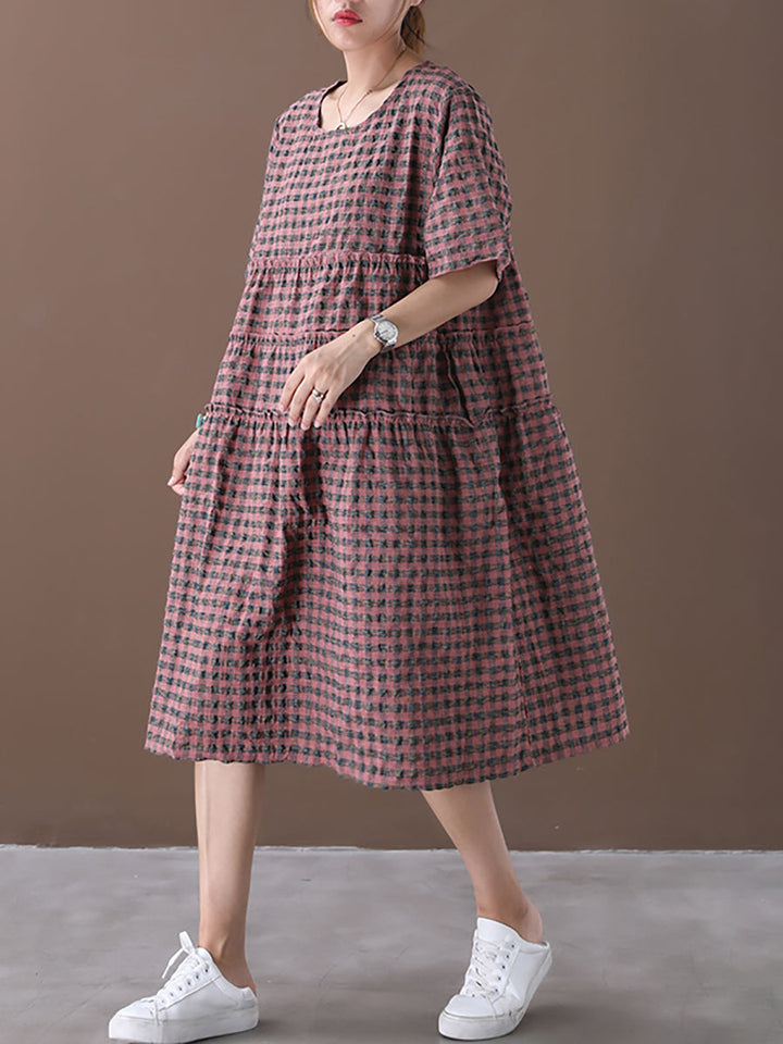 Elena | Plus Size Plaid Tiered Midi Linen Dress