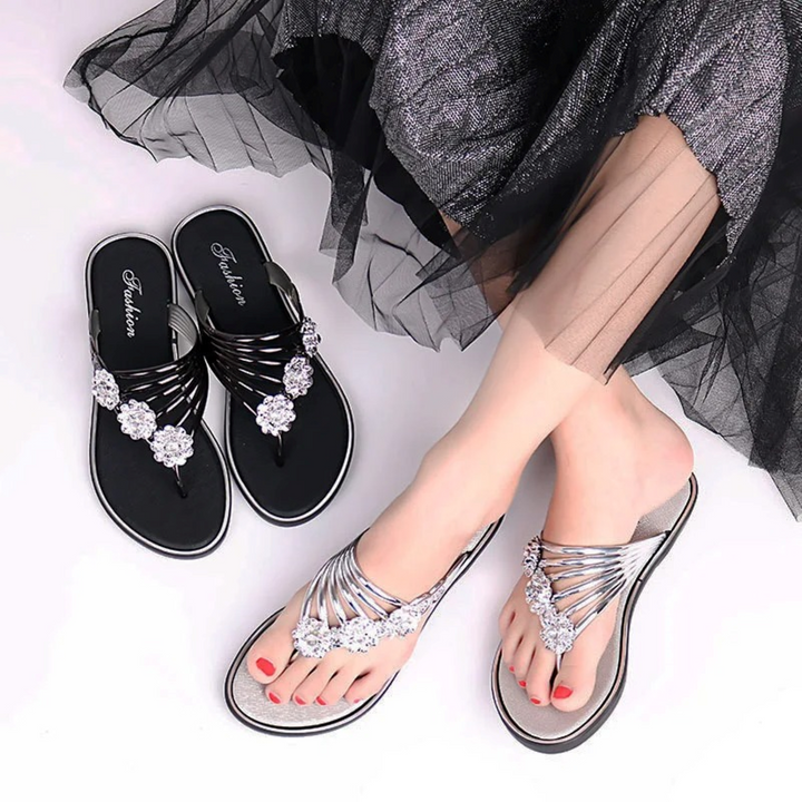 Elena | Polished Floral Embellished Strappy Flat Sandals