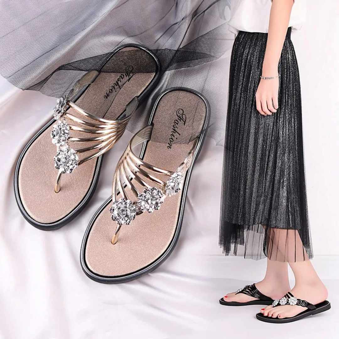 Elena | Polished Floral Embellished Strappy Flat Sandals