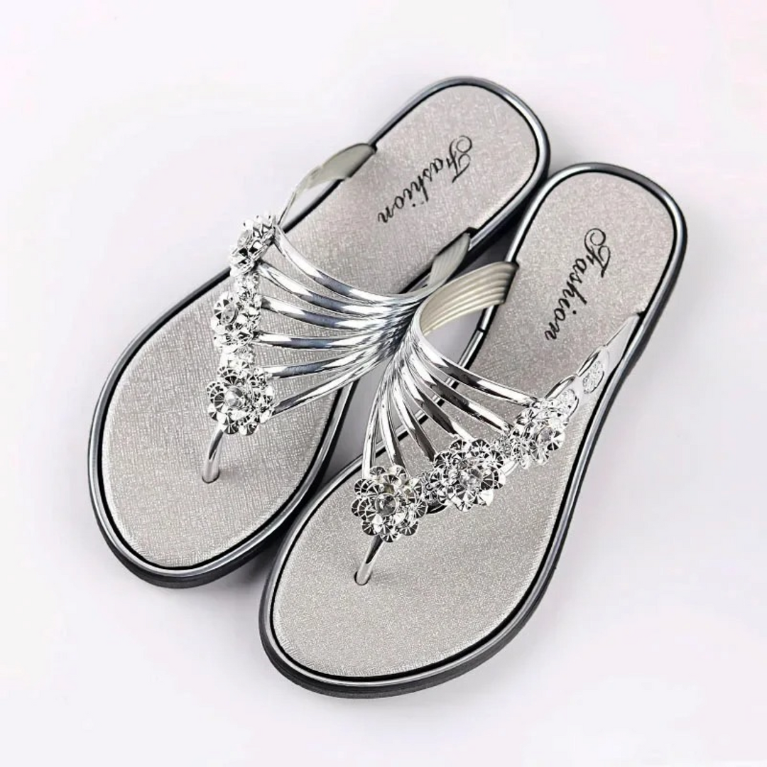 Elena | Polished Floral Embellished Strappy Flat Sandals