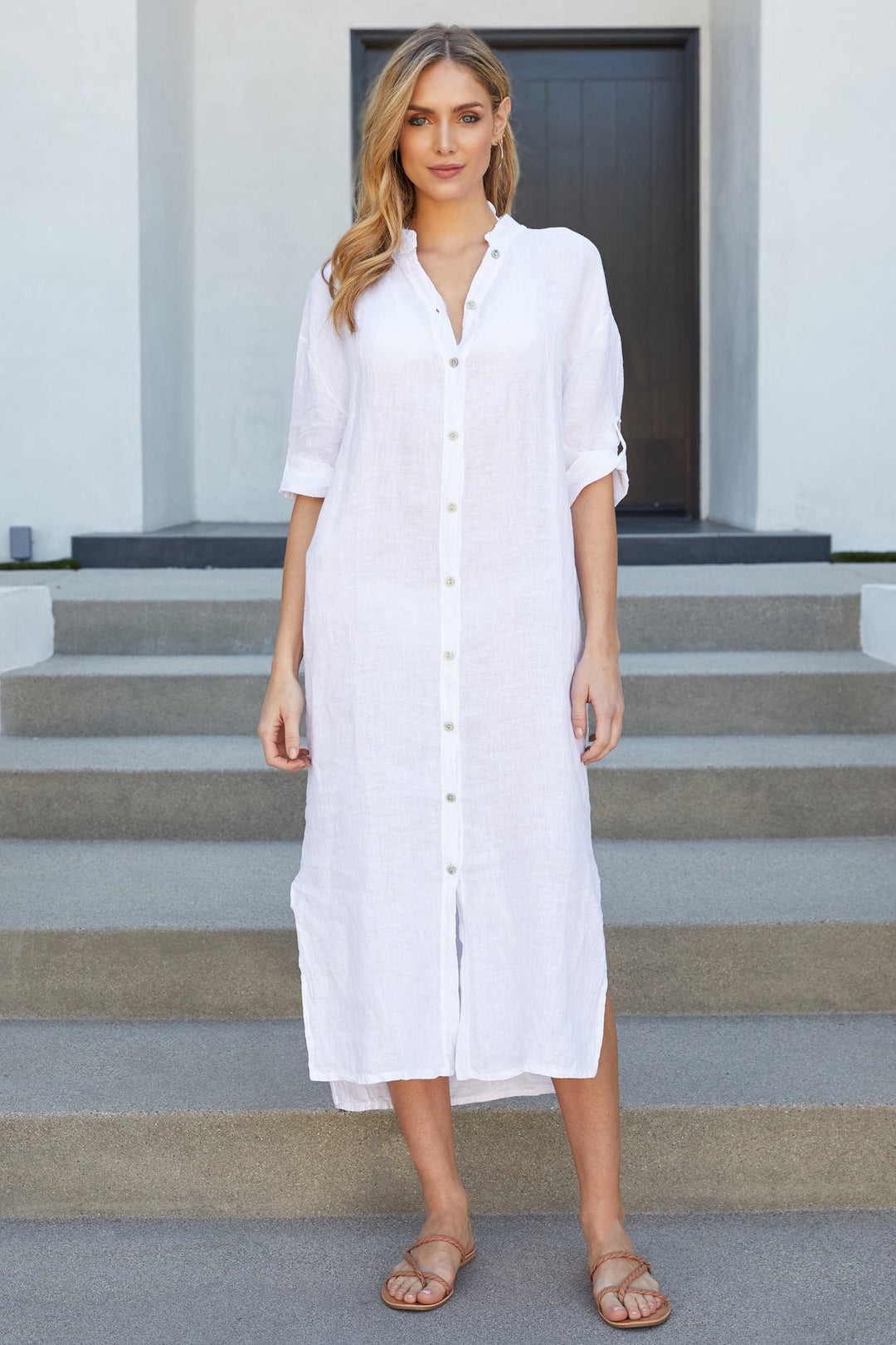 Elena | Refined Mandarin Collar Button-Down Linen Dress