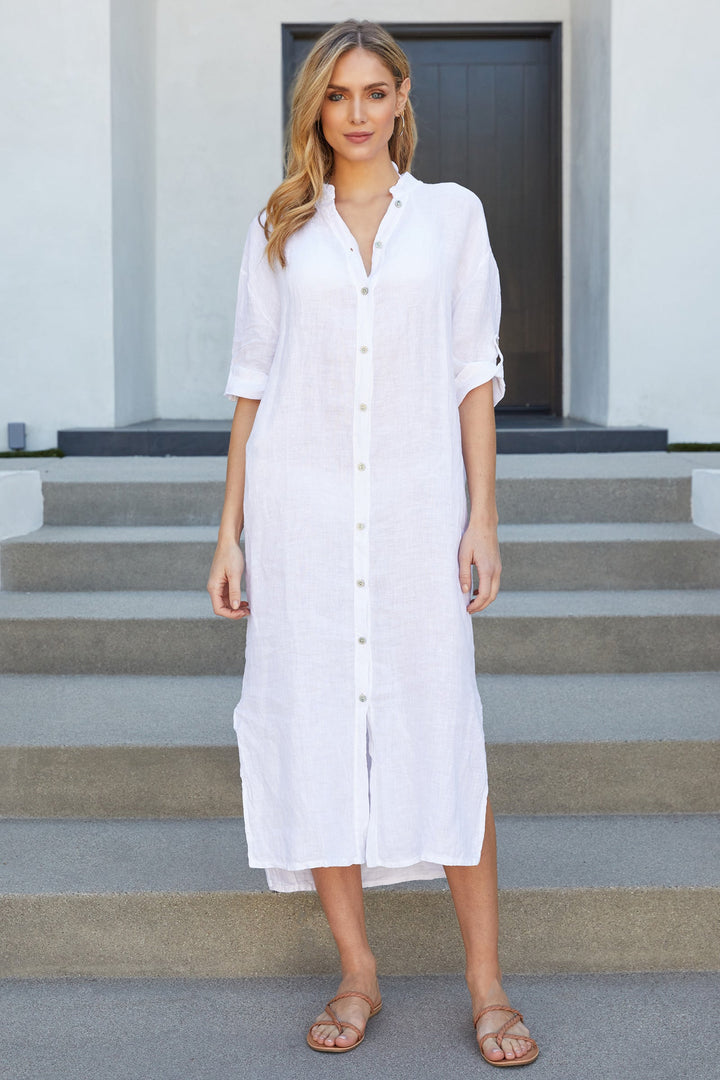 Elena | Refined Mandarin Collar Button-Down Linen Dress