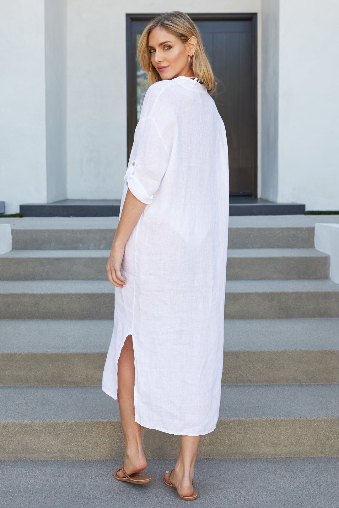 Elena | Refined Mandarin Collar Button-Down Linen Dress