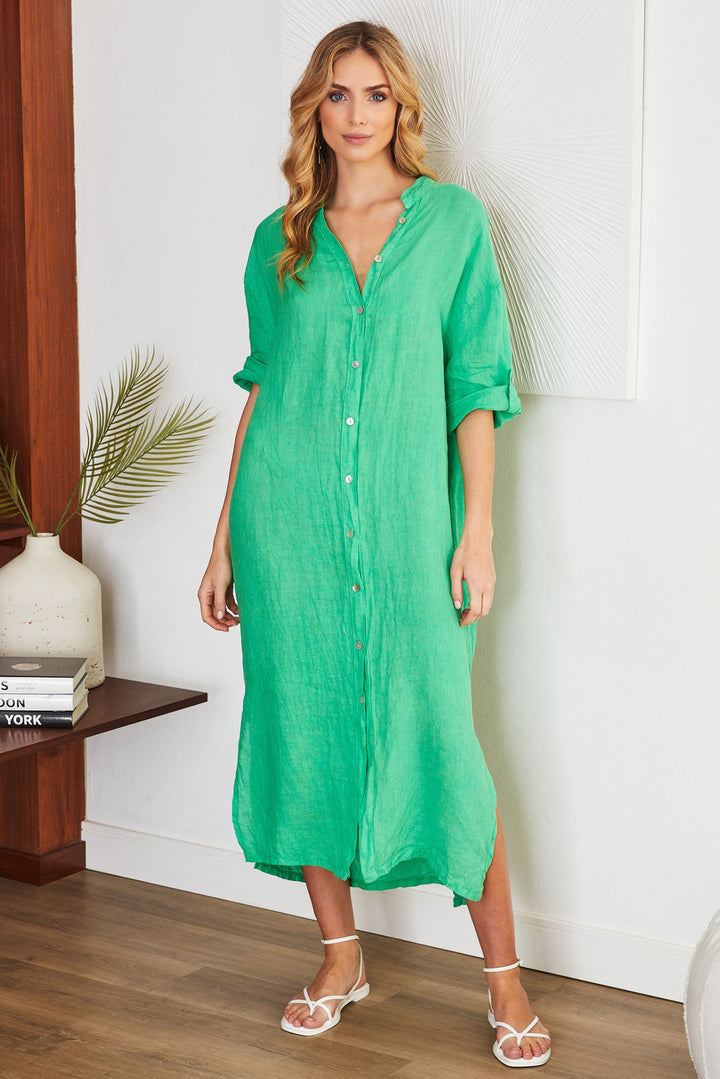 Elena | Refined Mandarin Collar Button-Down Linen Dress