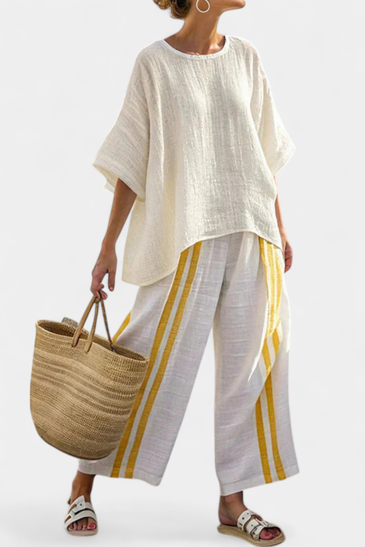 Elena | Stylish Striped Wide-Leg Linen Pants & Oversized Top Set