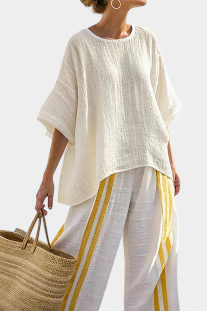 Elena | Stylish Striped Wide-Leg Linen Pants & Oversized Top Set