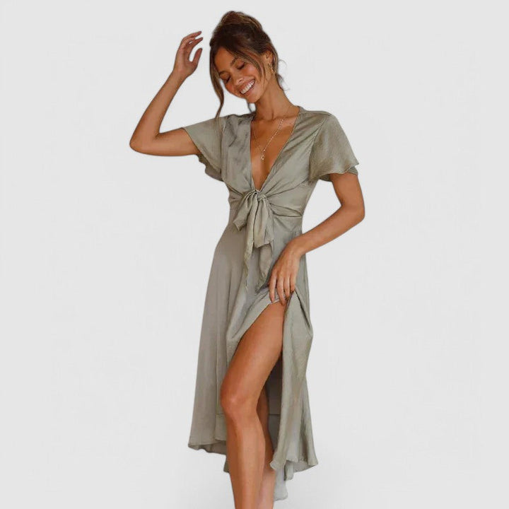 Elena | Stylish V-Neck Wrap Midi Cocktail Dress