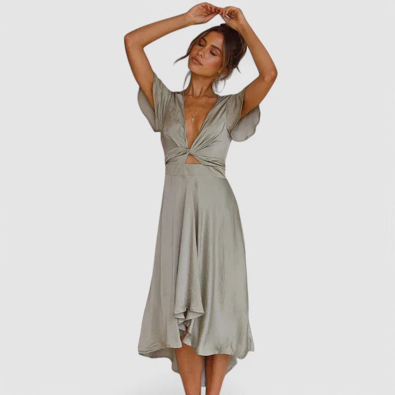 Elena | Stylish V-Neck Wrap Midi Cocktail Dress