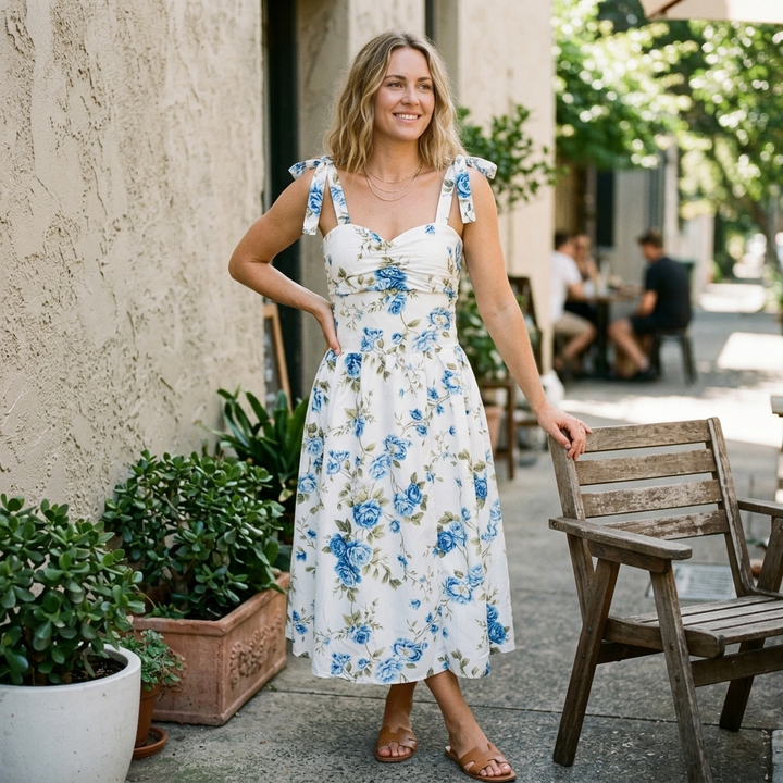 Eliana | Elegant Floral Tie Shoulder Midi Summer Dresses