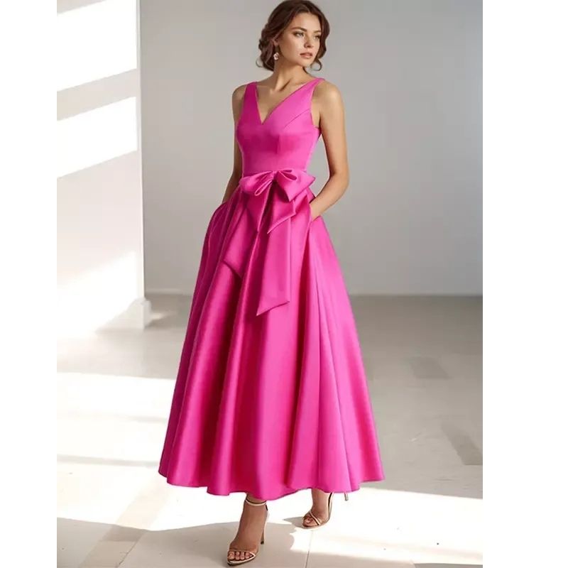 Eliana | Polished Pleated V-Neck Midi Races Dresses