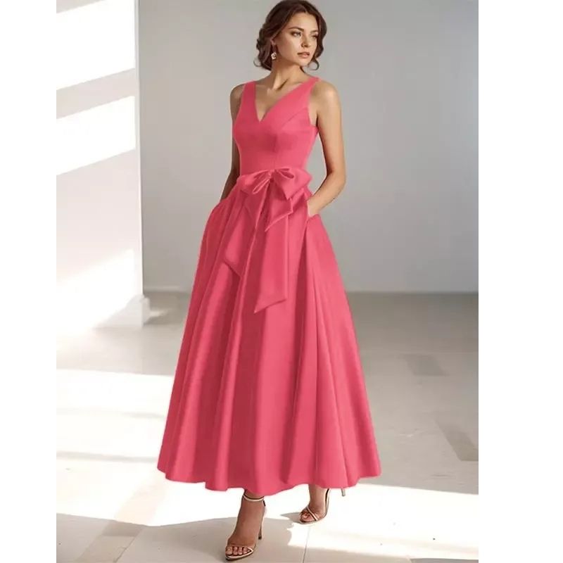 Eliana | Polished Pleated V-Neck Midi Races Dresses