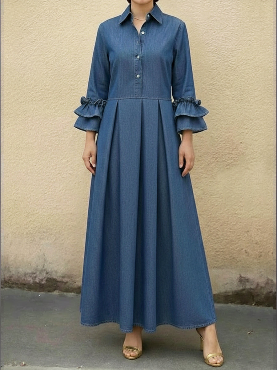 Eliana | Relaxed Ruffle Sleeve Pleated Maxi Denim Dress