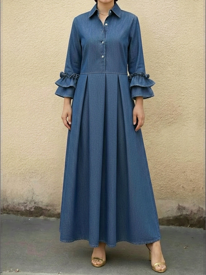Eliana | Relaxed Ruffle Sleeve Pleated Maxi Denim Dress