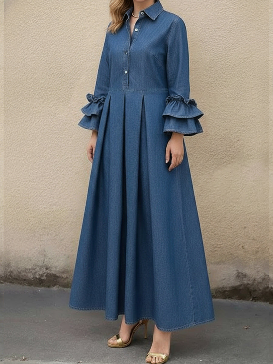 Eliana | Relaxed Ruffle Sleeve Pleated Maxi Denim Dress