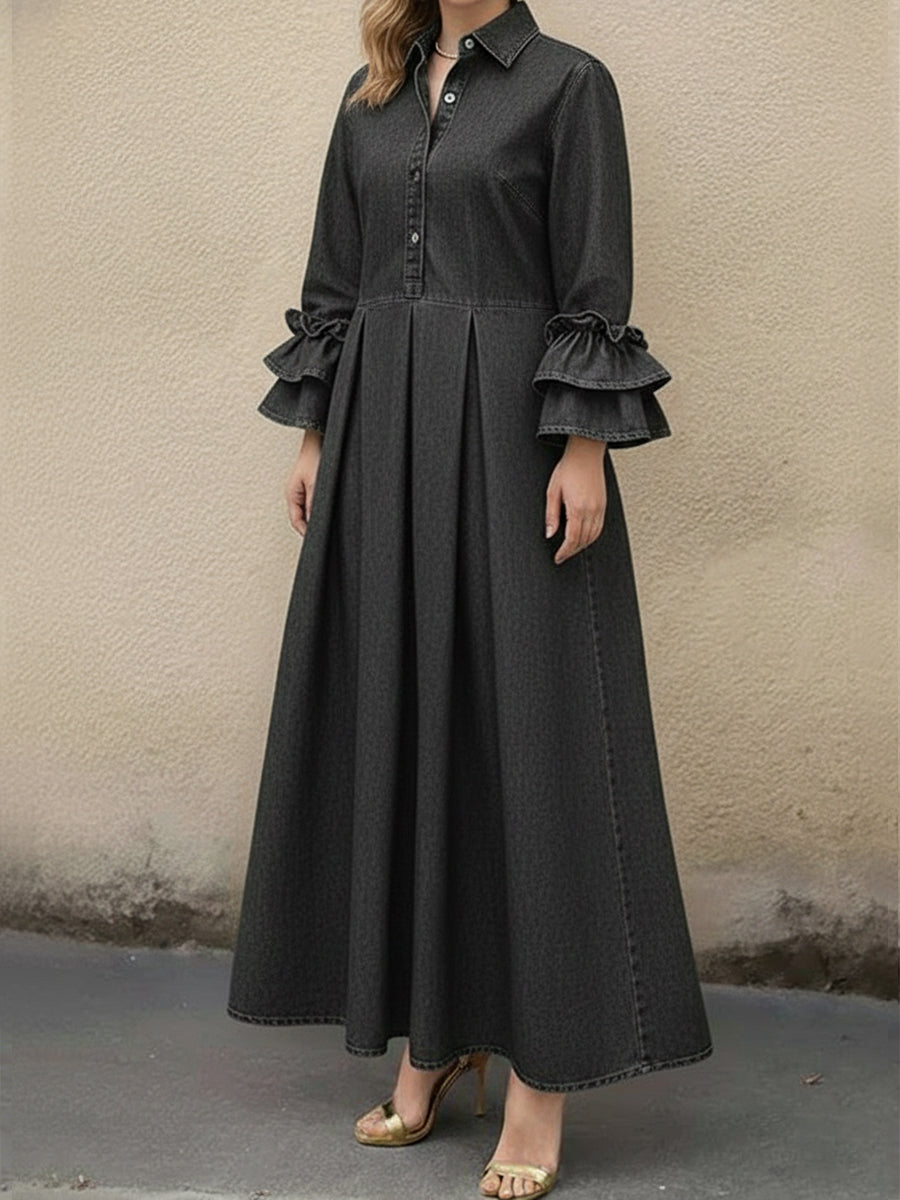 Eliana | Relaxed Ruffle Sleeve Pleated Maxi Denim Dress