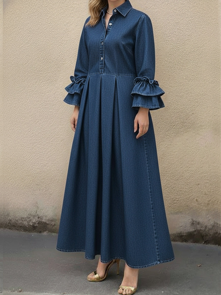 Eliana | Relaxed Ruffle Sleeve Pleated Maxi Denim Dress