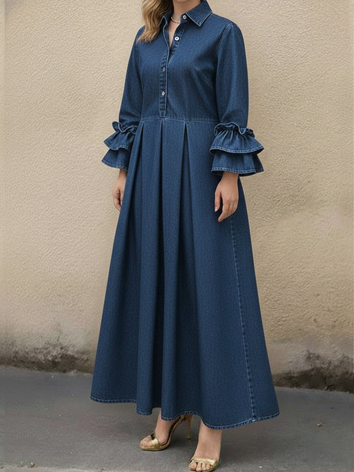 Eliana | Relaxed Ruffle Sleeve Pleated Maxi Denim Dress
