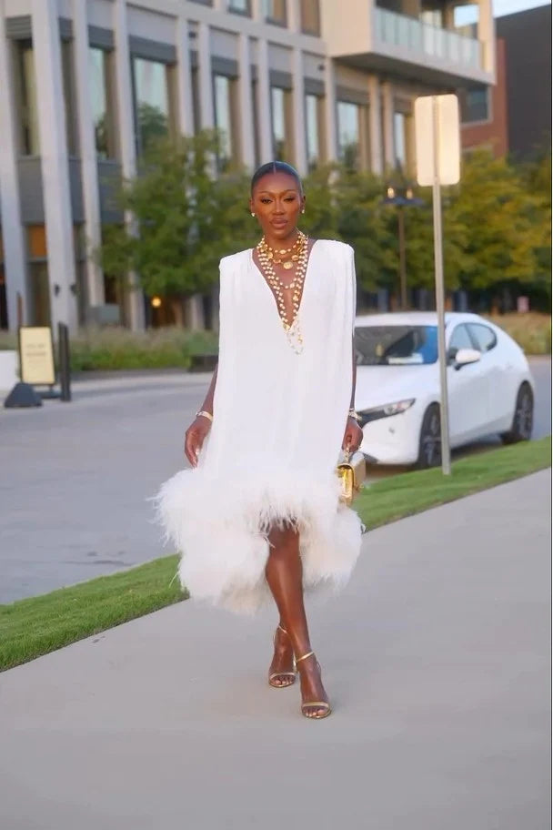 Eliana | Stylish Feather Hem Christmas Party Midi Dress