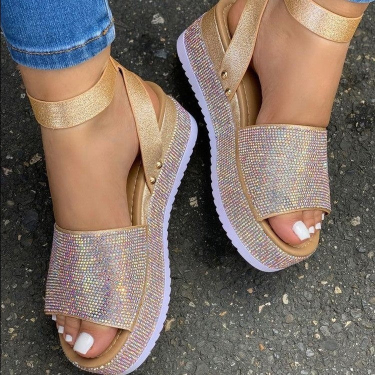 Elizabeth | Polished Rhinestone Chunky Sandals with Ankle Strap