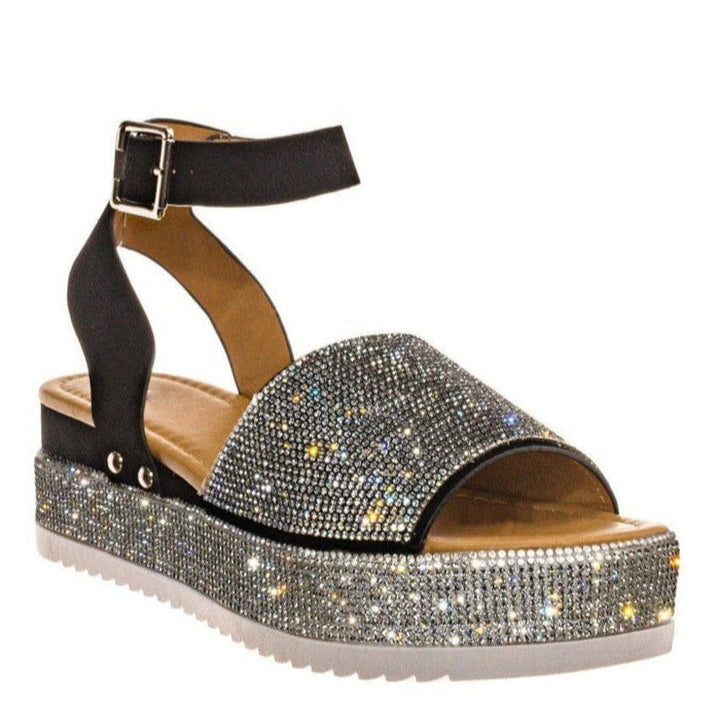 Elizabeth | Polished Rhinestone Chunky Sandals with Ankle Strap