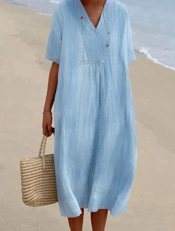 Elizabeth | Sophisticated V-Neck Linen Dress with Pockets