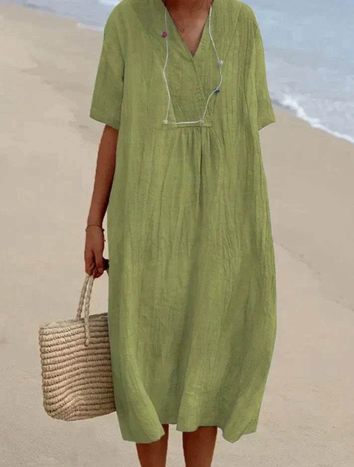 Elizabeth | Sophisticated V-Neck Linen Dress with Pockets
