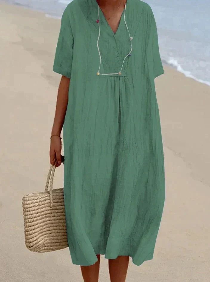 Elizabeth | Sophisticated V-Neck Linen Dress with Pockets
