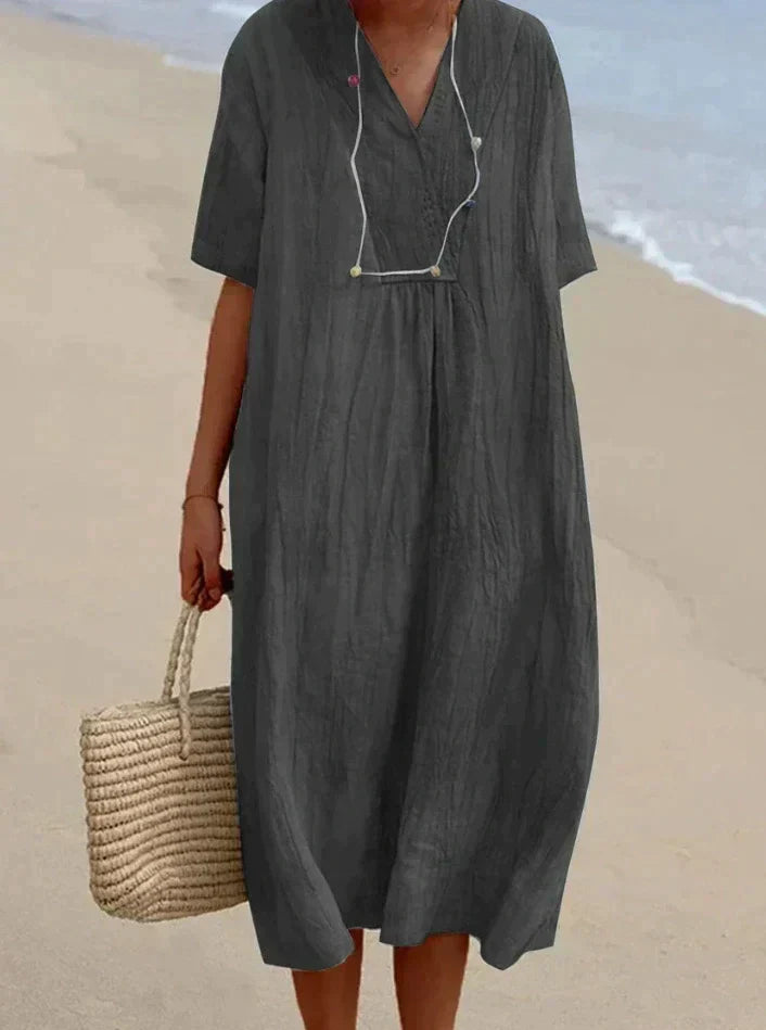 Elizabeth | Sophisticated V-Neck Linen Dress with Pockets