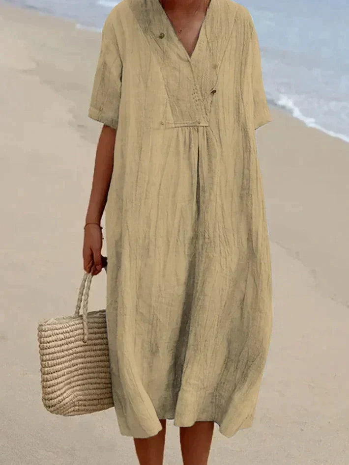 Elizabeth | Sophisticated V-Neck Linen Dress with Pockets