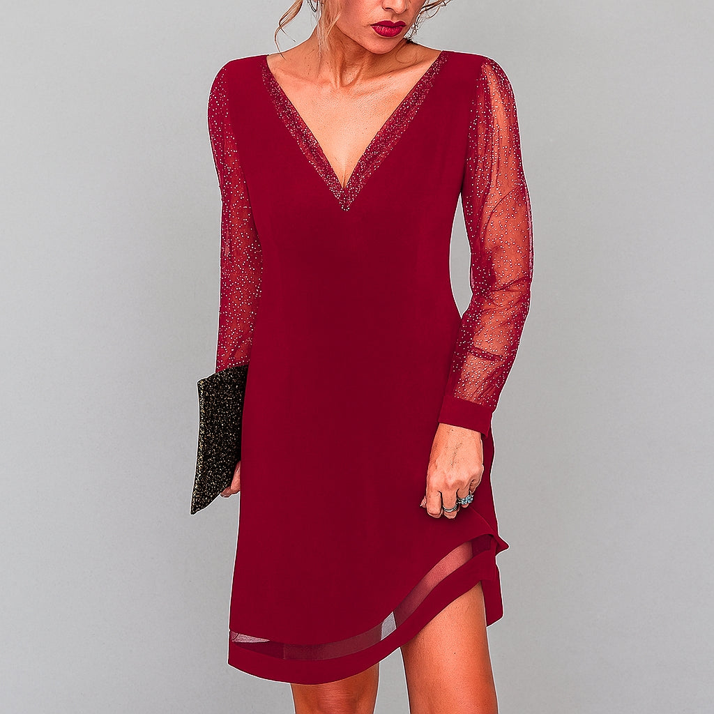 Elizabeth | Stylish Sparkle Sleeve V-Neck Midi Cocktail Dress