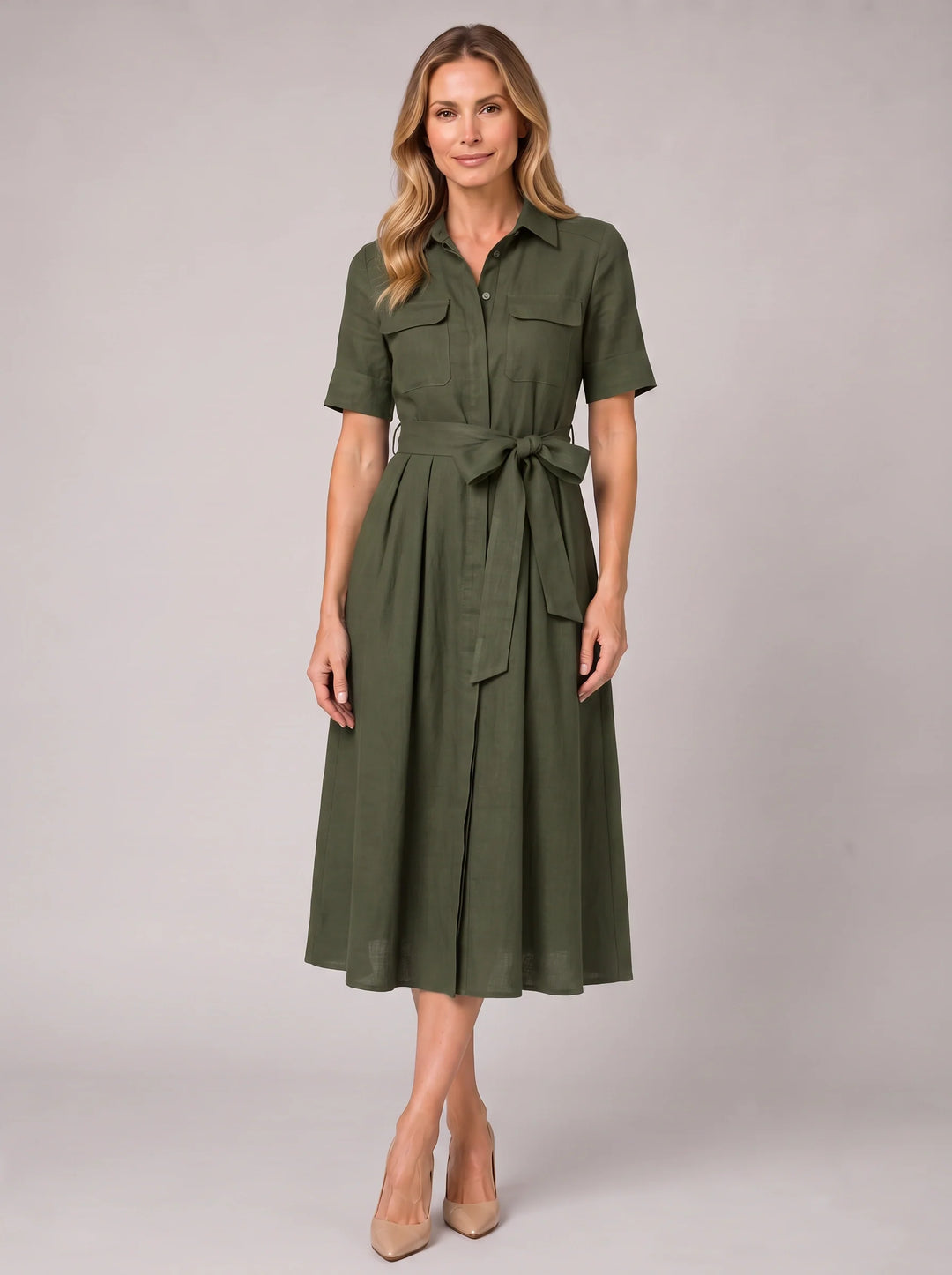 Elizabeth | Timeless Belted Short Sleeve Shirt Midi Dress